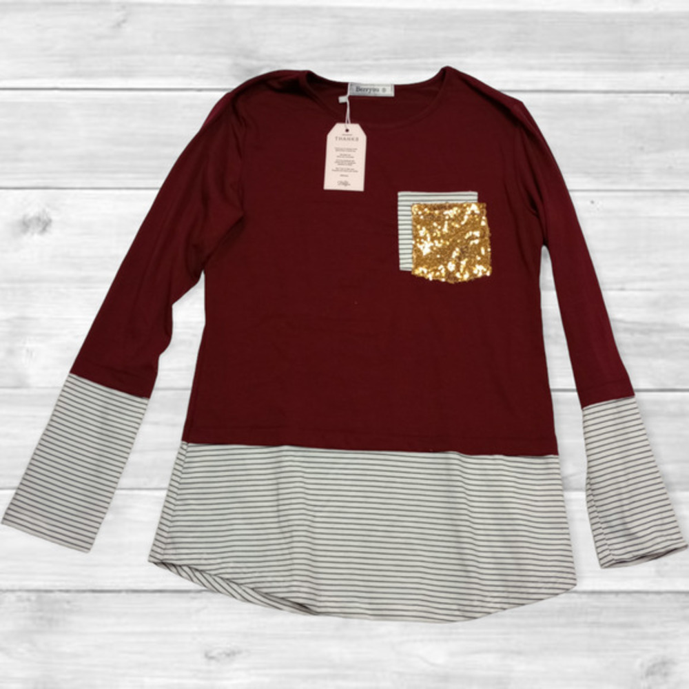Berryou Women's Red Long Sleeve Sequin Pocket Tunic Top Size Small‎